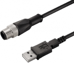Bus-Leitung, M12-Stecker, gerade auf USB Stecker, gerade, PUR, 3 m, schwarz