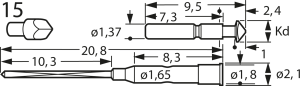 Kurzhub-Prüfstift mit Tastkopf, Rundkopf, Ø 1.37 mm, Hub 1.2 mm, RM 2.54 mm, L 20.8 mm, F67015B200G085