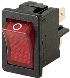 Wippschalter, rot, 2-polig, Ein-Aus, Ausschalter, 4 (1) A/250 VAC, IP40, beleuchtet, bedruckt