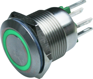 Drucktaster, 2-polig, silber, beleuchtet (grün), 0,05 A/24 V, Einbau-Ø 19.2 mm, IP66, MPI002/28/GN
