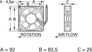 DC-Axiallüfter, 24 V, 92 x 92 x 25 mm, 84 m³/h, 33 dB, Gleitlager, TRACO POWER, D09 T24 HWS