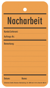 Kolli-Anhänger, Text: "Nacharbeit", (B) 65 mm, Kunststoff, 088.24