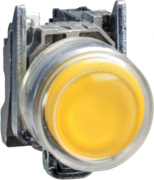 Drucktaster, tastend, Bund rund, gelb, Frontring silber, Einbau-Ø 22 mm, XB4BP51