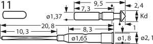 Kurzhub-Prüfstift mit Tastkopf, Rundkopf, Ø 1.37 mm, Hub 1.2 mm, RM 2.54 mm, L 20.8 mm, F67011B105G085
