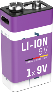 Lithium-Ionen-Akku, 9 V, 340 mAh, 6LR61, 9 V-Block, Druckknopf/USB-C-Anschluss
