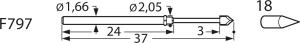 Langhub-Prüfstift mit Tastkopf, Kegel, Ø 1.66 mm, Hub 10 mm, RM 2.54 mm, L 37 mm, F79718B100G150