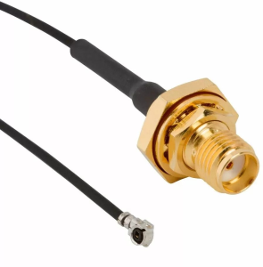 Koaxialkabel, SMA-Buchse (gerade) auf AMC-Stecker (abgewinkelt), 50 Ω, 1.32 mm Micro-Cable, Tülle schwarz, 100 mm, 336303-13-0100