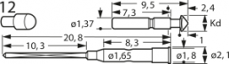 Kurzhub-Prüfstift mit Tastkopf, Rundkopf, Ø 1.37 mm, Hub 1.2 mm, RM 2.54 mm, L 20.8 mm, F67012B200G085