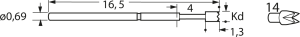 Standard-Prüfstift mit Tastkopf, Vierfach-Krone, Ø 0.69 mm, Hub 2.54 mm, RM 1.27 mm, L 16.5 mm, F11114S090N085