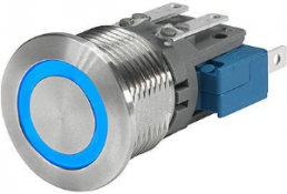 Drucktaster, 1-polig, silber, beleuchtet (blau), 100 mA/30 V, Einbau-Ø 16.1 mm, IP67, 3-102-624