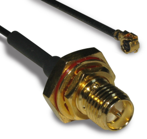 Koaxialkabel, SMA-Buchse (gerade) auf AMC-Stecker (abgewinkelt), 50 Ω, 1.13 mm Micro-Cable, Tülle schwarz, 200 mm, 336306-12-0200