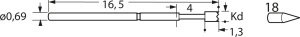 Standard-Prüfstift mit Tastkopf, Kegel, Ø 0.69 mm, Hub 2.54 mm, RM 1.27 mm, L 16.5 mm, F11118S053N085