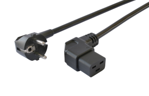 Geräteanschlussleitung, Europa, Stecker Typ E + F, abgewinkelt auf C19-Dose, abgewinkelt, H05VV-F3G1,5mm², schwarz, 1.5 m