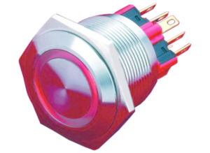 Drucktaster, 2-polig, rot, beleuchtet, 5 A/250 V, Einbau-Ø 25 mm, IP65, PAV25DMPFS2C6N