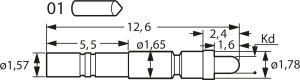 Kurzhub-Prüfstift mit Tastkopf, Rundkopf, Ø 1.57 mm, Hub 1.6 mm, RM 2.54 mm, L 12.6 mm, F62001S120L075