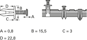 Schraub-Blindniete M 6,3 bis 6,8, K 2,5 bis 8,0 mm, PA 6.6, schwarz, 27026070, A 0,8, B 15,5, C 3,0, D 22,8 mm
