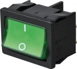 Wippschalter, grün, 2-polig, Ein-Aus, Ausschalter, 10 (4) A/250 VAC, 6 (4) A/250 VAC, IP40, beleuchtet, bedruckt