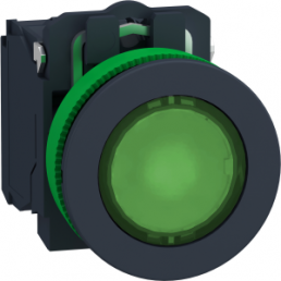 Drucktaster, beleuchtbar, Bund rund, grün, Frontring schwarz, Einbau-Ø 30.5 mm, XB5FW33G5
