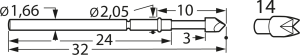 Standard-Prüfstift mit Tastkopf, Rundkopf, Ø 1.66 mm, Hub 5 mm, RM 2.54 mm, L 32 mm, F77214S200L300