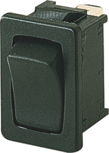 Wippschalter, schwarz, 1-polig, Ein-Aus-Ein, Umschalter, 6 (2) A/250 VAC, IP40, unbeleuchtet, unbedruckt