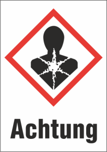 Gefahrgut-Schild, Symbol: GHS08/Text: "Achtung", (B) 26 mm, Kunststoff, 013.32-9-37X26-W1 / 36 ST