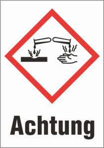 Gefahrgut-Schild, Symbol: GHS05/Text: "Achtung", (B) 26 mm, Kunststoff, 013.28-9-37X26-W1 / 36 ST