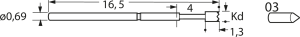 Standard-Prüfstift mit Tastkopf, Kegel, Ø 0.69 mm, Hub 2.54 mm, RM 1.27 mm, L 16.5 mm, F11103S053N085