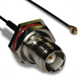 Koaxialkabel, TNC-Buchse (gerade) auf AMC-Stecker (abgewinkelt), 50 Ω, 1.13 mm Micro-Cable, Tülle schwarz, 150 mm, 336203-12-0150