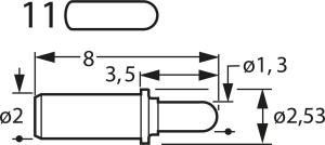 Kurzhub-Prüfstift mit Tastkopf, Rundkopf, Ø 2 mm, Hub 2.2 mm, RM 2.7 mm, L 8 mm, F70211B130G130