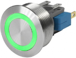 Drucktaster, 1-polig, silber, beleuchtet (grün), 100 mA/30 VDC, Einbau-Ø 22 mm, IP67, 3-108-958