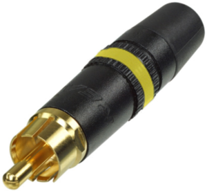 Cinch-Stecker für Kabelmontage 3,5 bis 6,1 mm Außen-Ø, vergoldet, Farbcodierring gelb