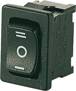 Wippschalter, schwarz, 1-polig, Ein-Aus-Ein, Umschalter, 6 (2) A/250 VAC, IP40, unbeleuchtet, bedruckt
