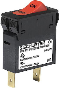 Thermischer Geräteschutzschalter, 1-polig, T-Charakteristik, 20 A, 32 V (DC), 240 V (AC), Flachstecker 6,3 x 0,8 mm, Snap-in, IP40