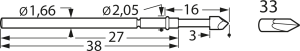 Langhub-Prüfstift mit Tastkopf, Vierkant, Ø 1.66 mm, Hub 8 mm, RM 2.54 mm, L 38 mm, F78633S130L300