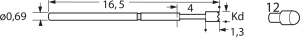 Standard-Prüfstift mit Tastkopf, Rundkopf, Ø 0.69 mm, Hub 2.54 mm, RM 1.27 mm, L 16.5 mm, F11112S090L085