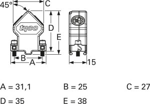 D-Sub Steckverbindergehäuse, Größe: 1 (DE), abgewinkelt 45°, Kabel-Ø 4,8 bis 9 mm, Stahl, silber, 1534805-1