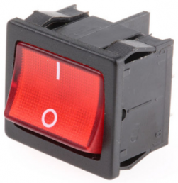 Wippschalter, rot, 2-polig, Ein-Aus, Ausschalter, 10 (4) A/250 VAC, 6 (4) A/250 VAC, IP40, beleuchtet, bedruckt