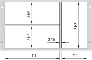 Gemischter Ausbausatz für 6 HE + 2 x 3 HE, UntUnterteilung des Einbauraums in 20:62 TE