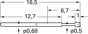 Standard-Federkontakt mit Tastkopf, Rundkopf, Ø 0.68 mm, Hub 2.8 mm, RM 1.27 mm, L 16.5 mm, 1007-C-0.7N-AU-0.9 C