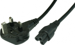 Geräteanschlussleitung, Großbritannien, Stecker Typ G, abgewinkelt auf C5-Kupplung, gerade, H05VV-F3G0,75mm², schwarz, 2 m