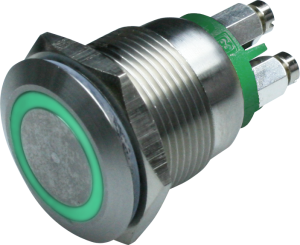 Drucktaster, 1-polig, silber, beleuchtet (grün), 0,05 A/24 V, Einbau-Ø 19.2 mm, IP66, MPI002/TERM/GN