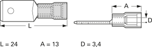 Flachstecker, 6,3 x 0,8 mm, L 24 mm, isoliert, gerade, gelb, 4,0-6,0 mm², AWG 12-10, 3912