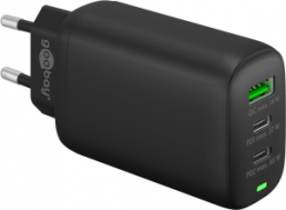 USB-Steckdosenladegerät, Eurostecker auf USB-A Buchse, 2x USB-C Buchse, 3 A, schwarz