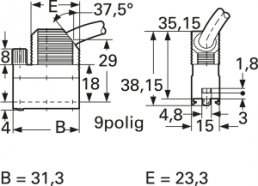 D-Sub Steckverbindergehäuse, Größe: 1 (DE), abgewinkelt 37,5°, Kabel-Ø 4 bis 8 mm, Kunststoff, kieselgrau, 1-1393738-0
