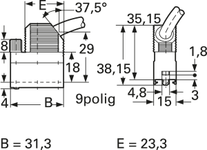 D-Sub Steckverbindergehäuse, Größe: 1 (DE), abgewinkelt 37,5°, Kabel-Ø 4 bis 8 mm, Kunststoff, geschirmt, kieselgrau, 1393738-1