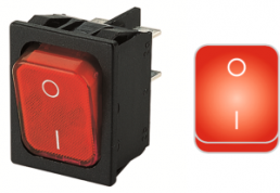 Wippschalter, rot, 2-polig, Ein-Aus, Ausschalter, 10 (4) A/250 VAC, 6 (4) A/250 VAC, IP40, beleuchtet, bedruckt