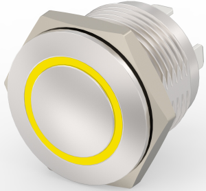 Schalter, 1-polig, silber, beleuchtet (gelb), 0,4 A/36 VDC, Einbau-Ø 16 mm, IP67, 2213774-5