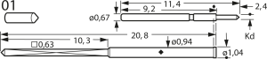 Kurzhub-Prüfstift mit Tastkopf, Kegel, Ø 0.94 mm, Hub 1.2 mm, RM 1.27 mm, L 20.8 mm, F60501S050L075