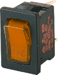 Wippschalter, orange, 1-polig, Ein-Aus, Ausschalter, 10 (4) A/250 VAC, 6 (4) A/250 VAC, IP40, beleuchtet, unbedruckt
