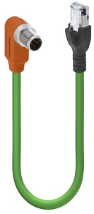 Sensor-Aktor Kabel, M12-Kabelstecker, abgewinkelt auf RJ45-Kabelstecker, gerade, 4-polig, 1 m, PUR, grün, 1.5 A, 22693